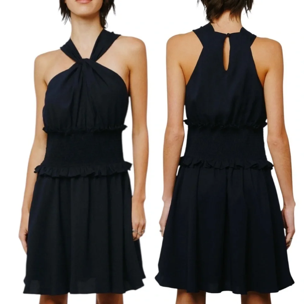 NWT Ciebon Bristol Halter Neck Smock Waist Navy Blue Minidress Sz Medium